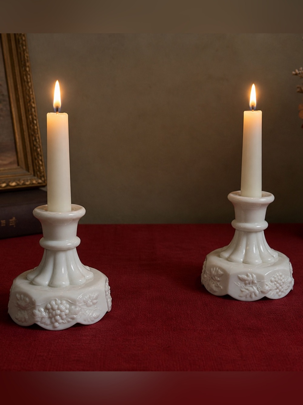 Vintage White Westmoreland Milk Glass Candle Stick Holders- Paneled Grape